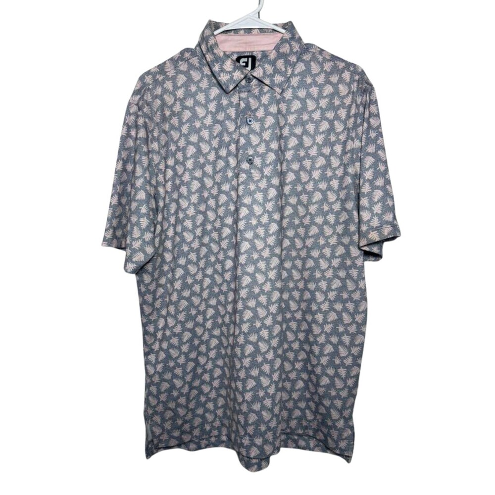 FootJoy Golf Polo Shirt Men's Medium Leaf Gray Pink Short Sleeves Performance